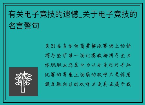 有关电子竞技的遗憾_关于电子竞技的名言警句